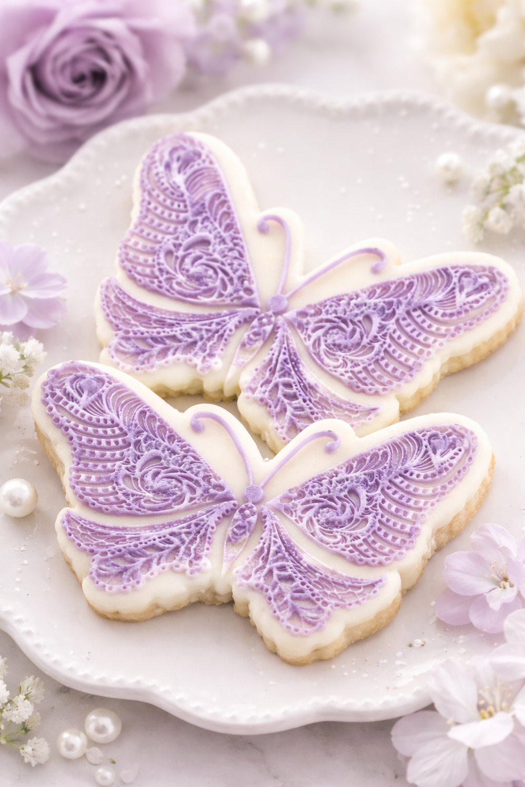 🦋 Lavender Lace Butterfly Cookies – Hand Decorated Sugar Cookies – Elegant Wedding Favours – Baby Shower – Bridal Shower – Custom Colours Available
