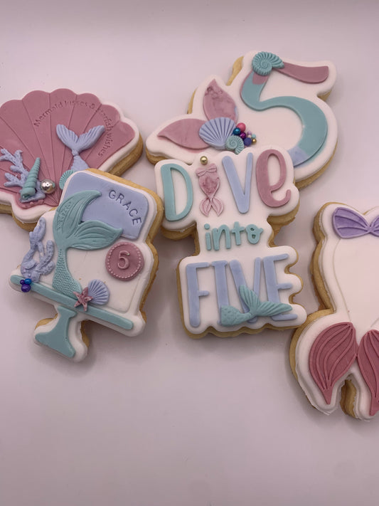 Mermaid Cookie Set – 5 Piece | Dive Into 5 | 5th Birthday Cookies | Boss Bakes | Mermaid Party Favours | Ships Australia Wide